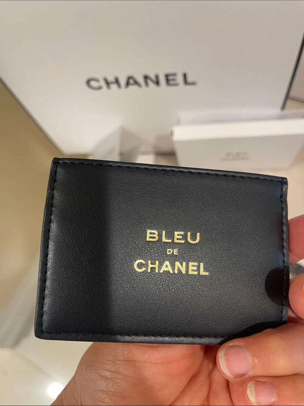 CHANEL Men’s Black Wallet & White Gift Presentation Set with Navy Accents